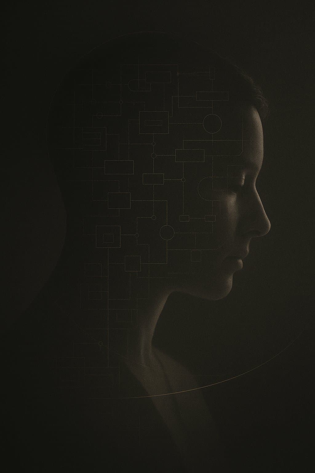 Silhueta em dupla exposição de uma pessoa em perfil, com fluxogramas e plantas tênues atravessando a forma sob um arco de luz âmbar — a pessoa antes da tecnologia